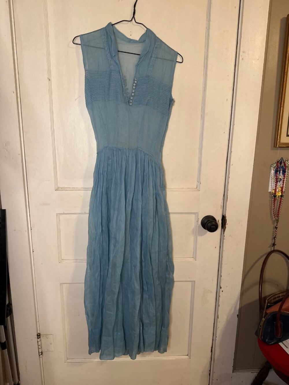 Blue Linen Sleeveless Maxi Dress with Pintucked Bodice